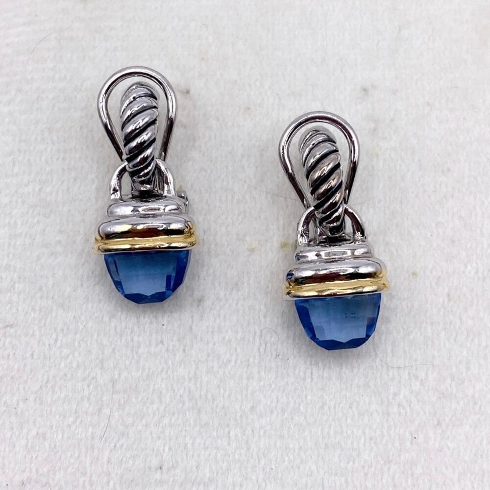 Vintage Blue Crystal Earrings Two Tone Silver Gold